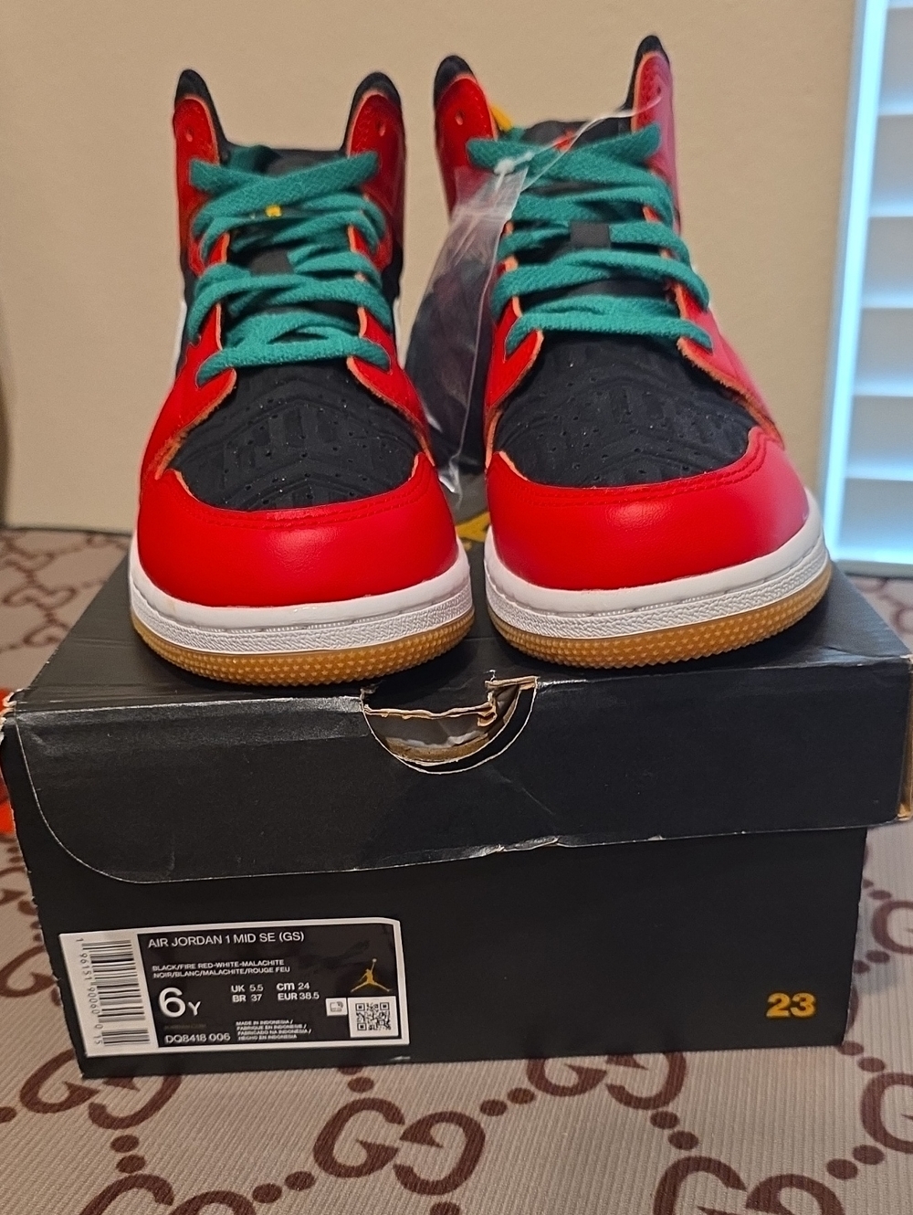 Jordan Kids Sneakers in Red, Black & Teal with Gum Sole Size 6Y